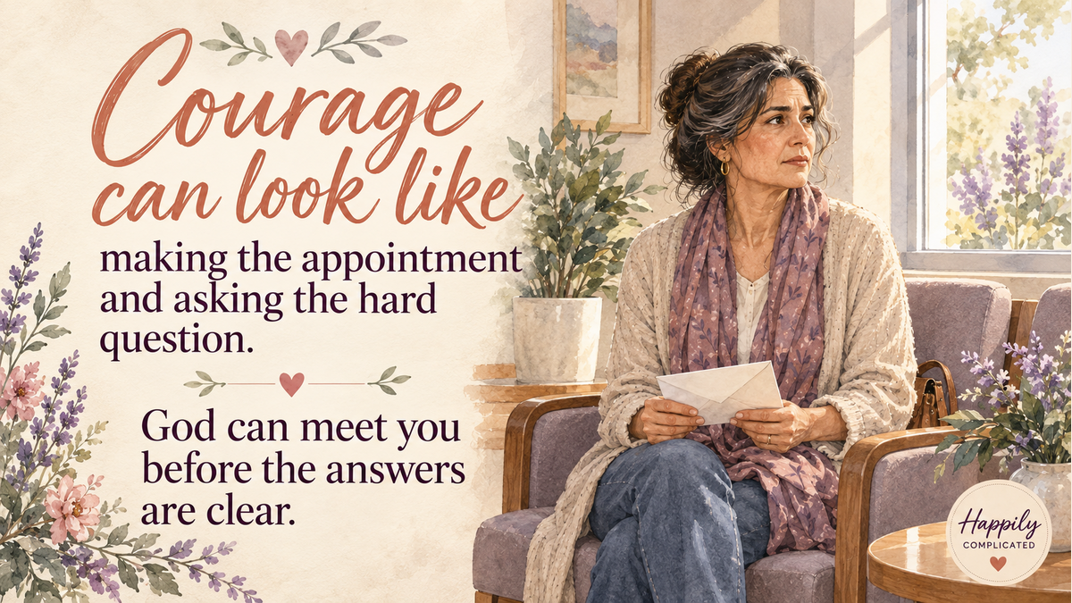 Watercolor illustration of a mature Middle Eastern woman waiting calmly for a medical appointment with an unmarked envelope in her hands.