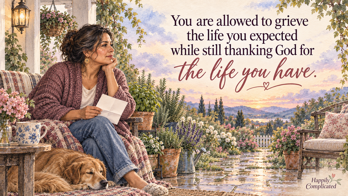Watercolor illustration of a thoughtful Latina woman sitting on a rain-cleared porch beside a thriving herb garden.