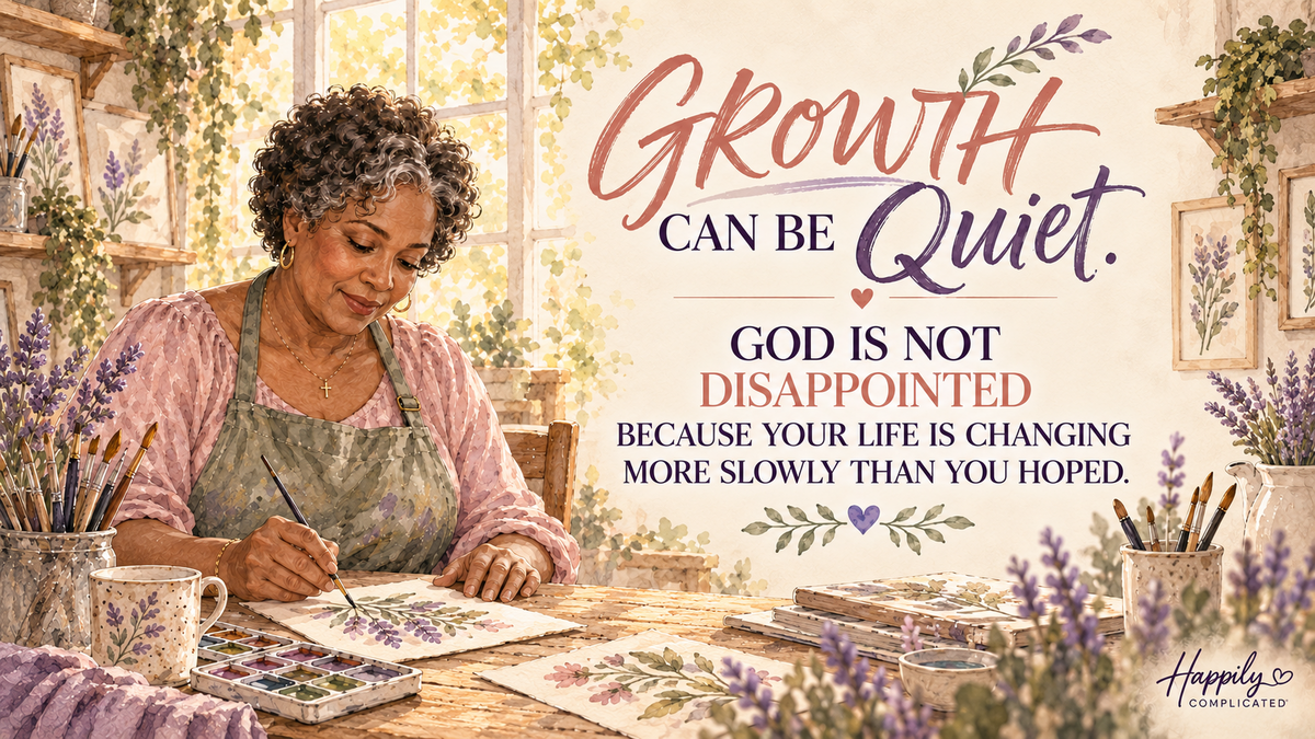 Watercolor illustration of a mature Black woman slowly painting a botanical study in a warm community art studio.