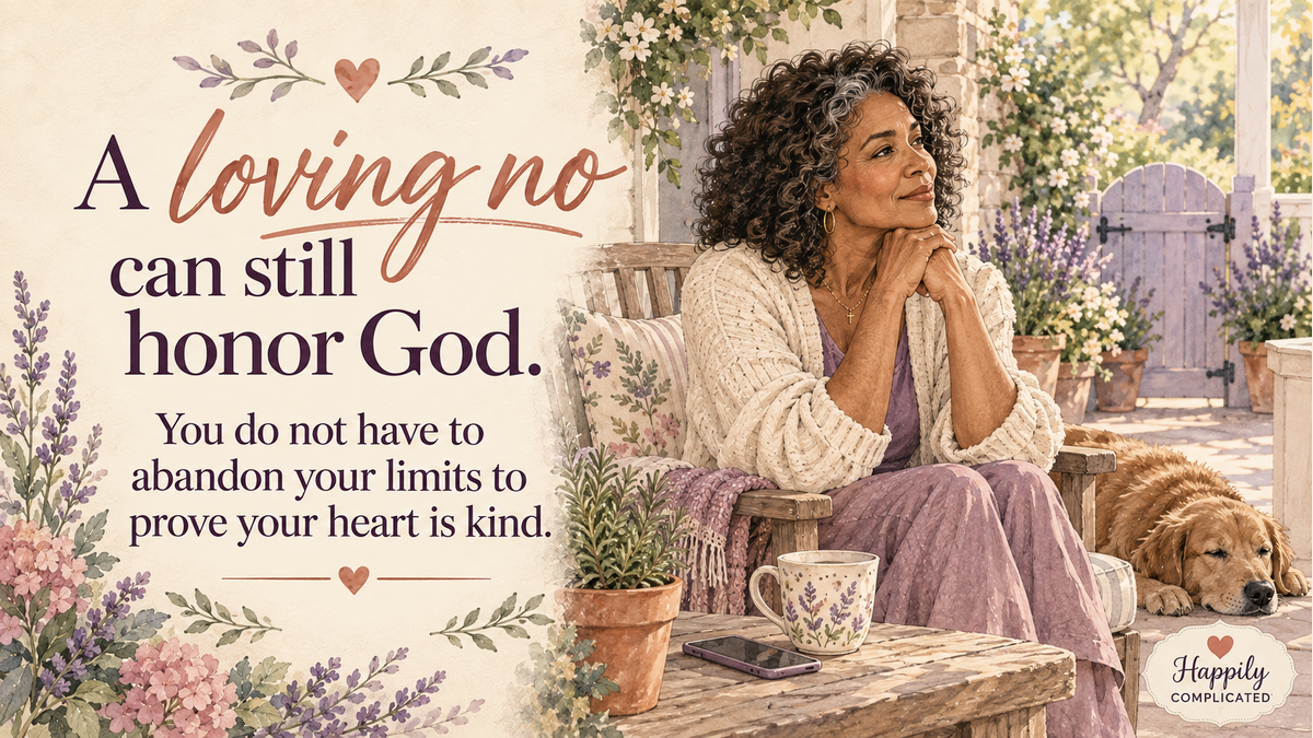 Watercolor illustration of a mature Black woman resting peacefully on a flower-filled porch beside a closed lavender garden gate.