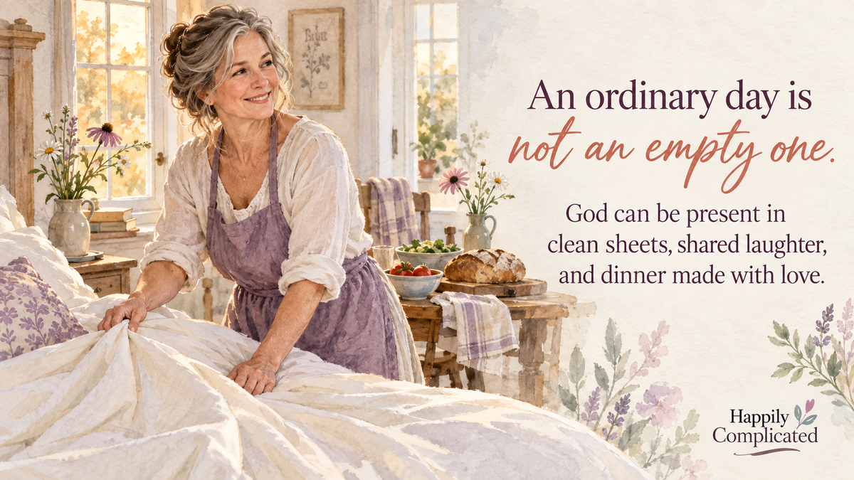 Watercolor illustration of a mature Caucasian woman making a bed beside a simple supper table in warm afternoon light.
