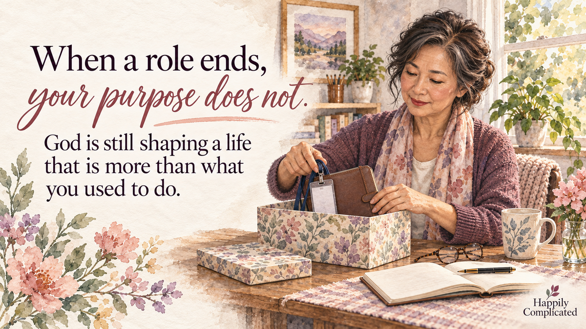 Watercolor illustration of a mature East Asian woman placing her work badge and planner into a keepsake box after a career transition.
