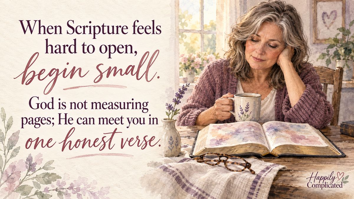 Watercolor illustration of a mature Caucasian woman sitting with tea and an open Bible at a quiet breakfast table.
