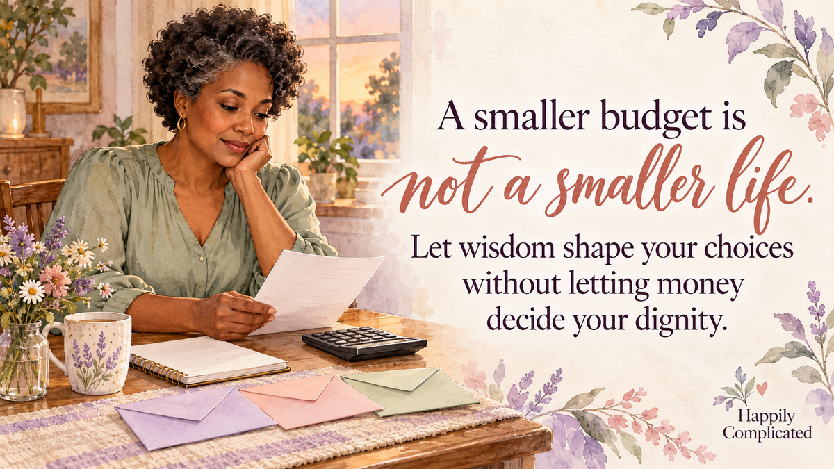 Watercolor illustration of a mature Black woman calmly reviewing a household budget beside blank envelopes and a calculator.