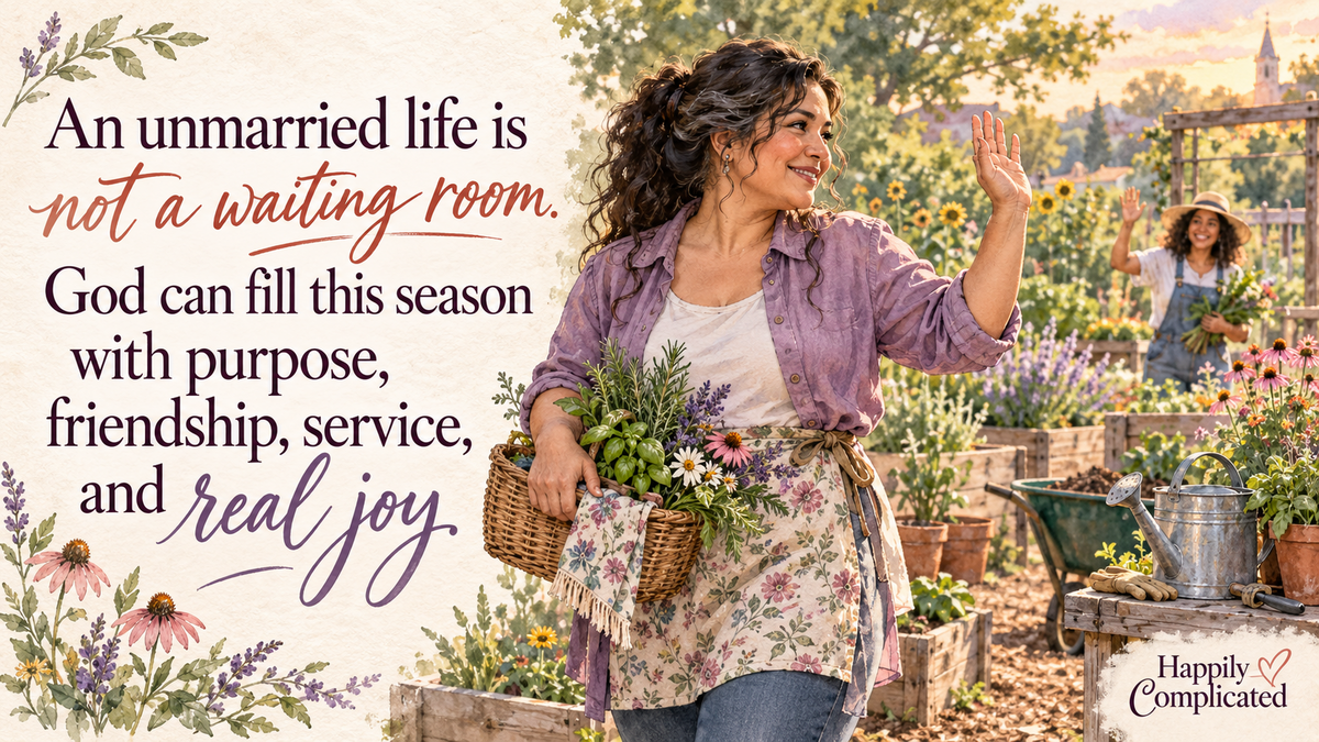 Watercolor illustration of a mature Latina woman carrying herbs and flowers while greeting a friend in a community garden.