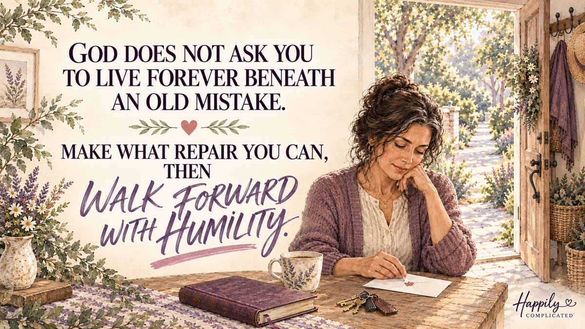 Watercolor illustration of a mature Middle Eastern woman sealing an apology note beside an open doorway and sunlit path.