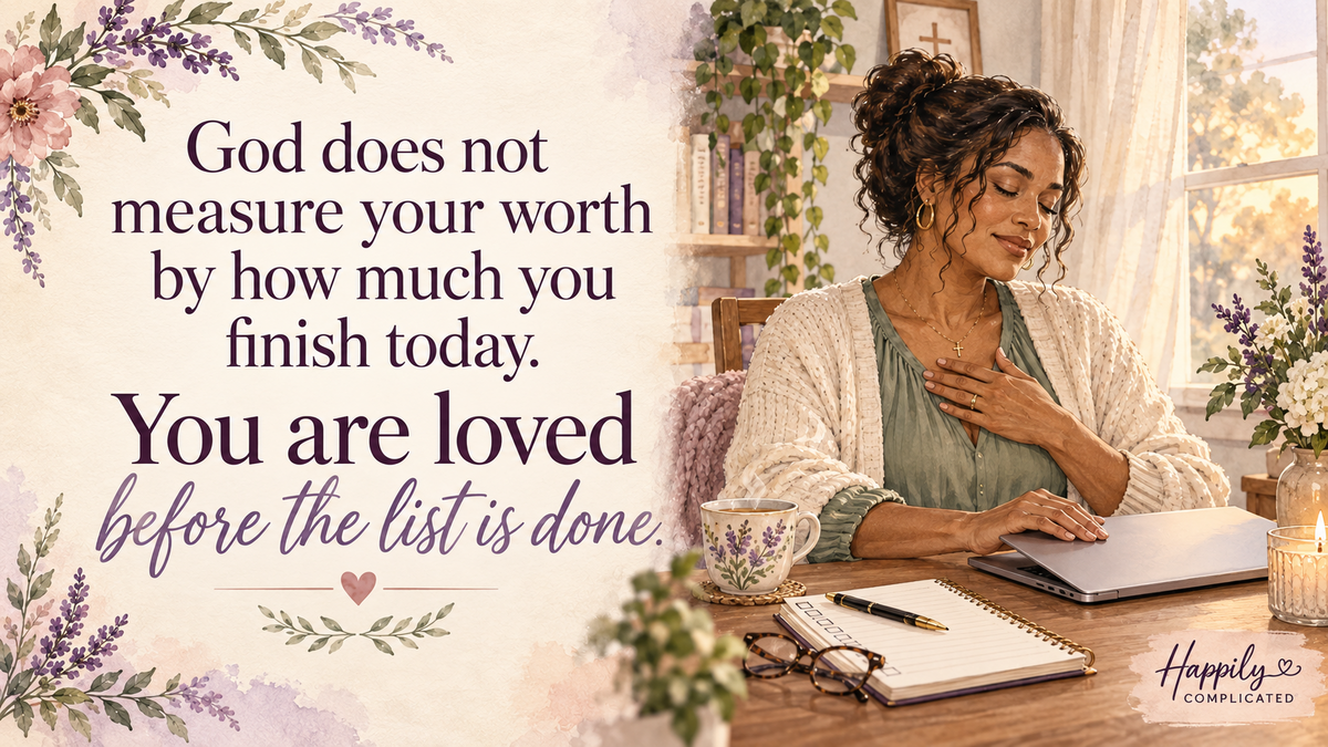 Watercolor illustration of a Black woman closing her laptop beside an unfinished checklist while resting one hand over her heart.